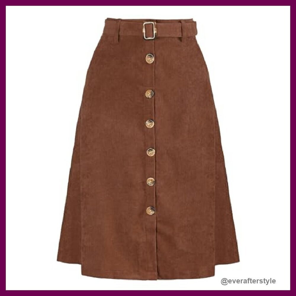 Corduroy Midi Skirt High Waist A-Line Retro Chic Button Front Belted - Picture 2 of 8